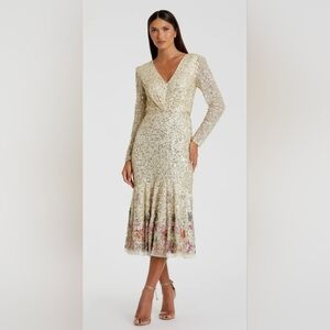 Mac Duggal Gold Multicolor Faux Wrap Long Sleeve Tea Length Dress SZ 8 NWT A5589